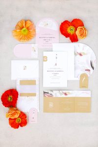 modern wedding invitation in pink and mustard colours